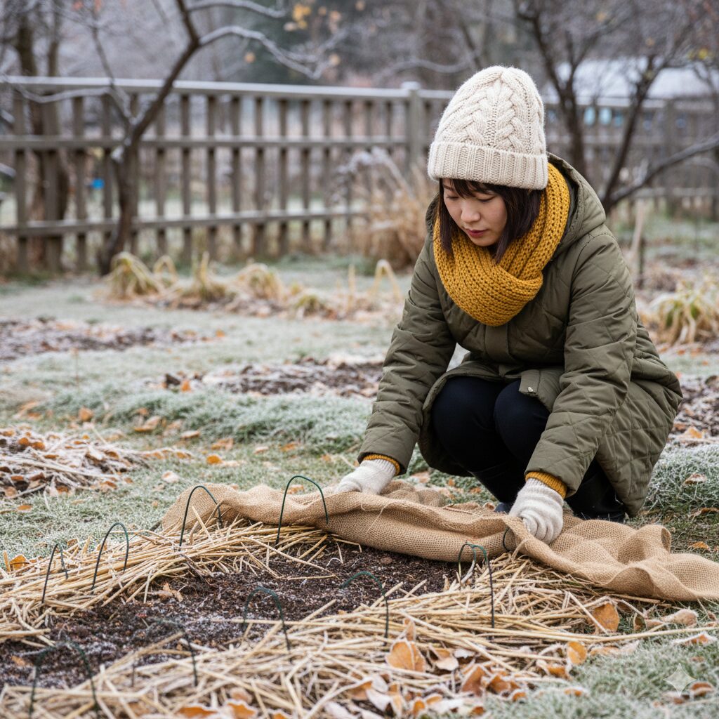 冬の庭で、フリージアの球根が植えられた場所にワラや腐葉土でマルチングが施されている様子。若い日本人女性が防寒対策を確認している