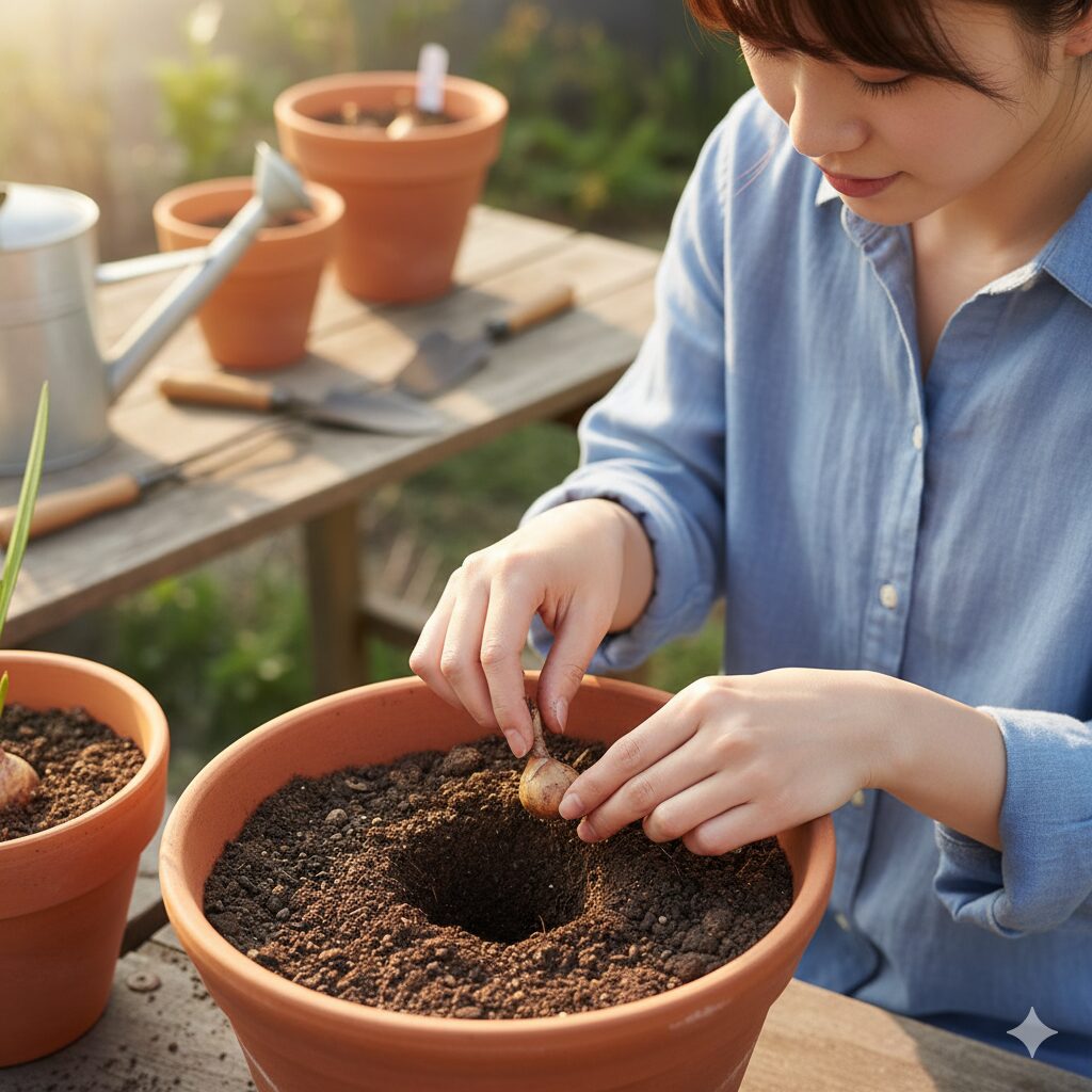 フリージアの球根を手に持ち、適切な深さに植え付ける若い日本人女性のクローズアップ