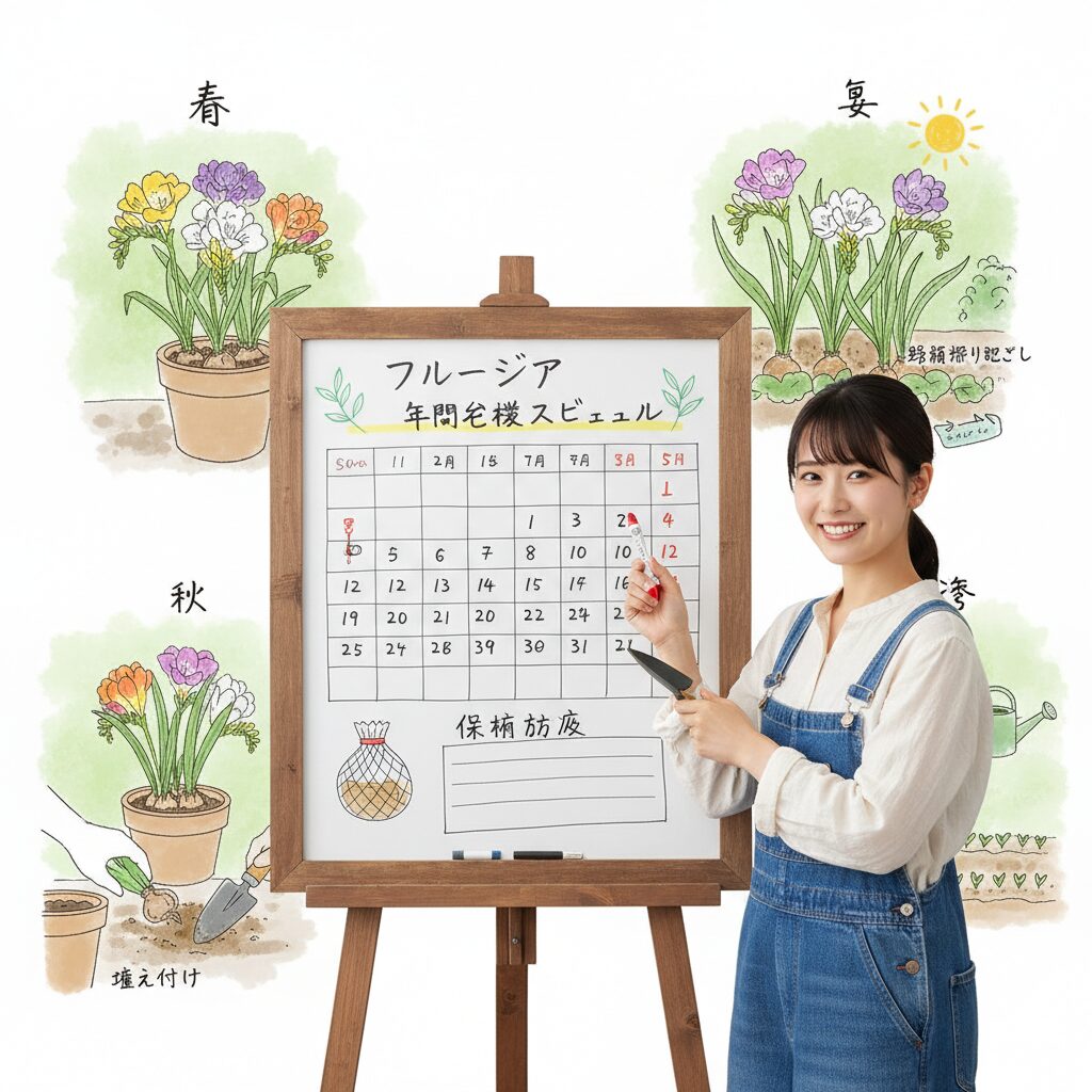 フリージアの年間栽培スケジュールが書かれたボードを指さし、説明する若い日本人女性。背景には季節ごとのフリージアのイメージが描かれている