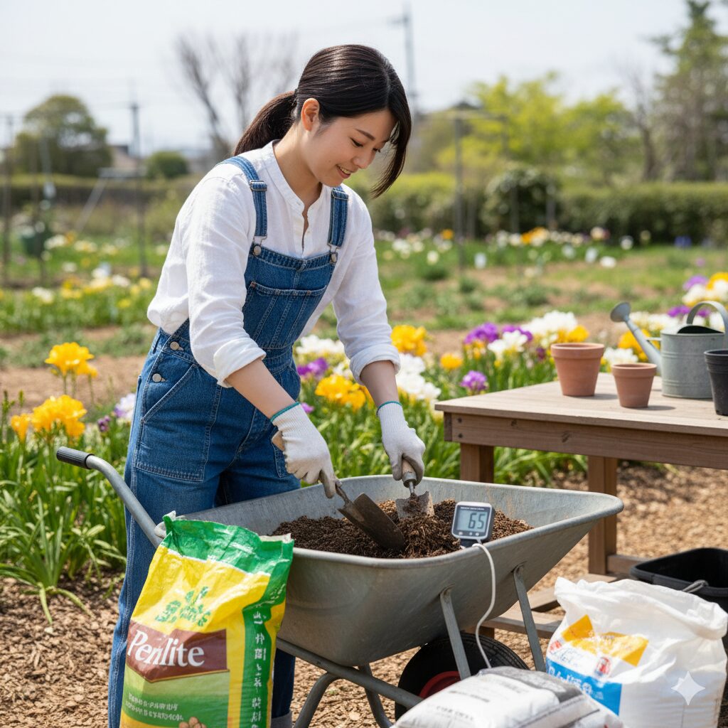 庭でフリージアの土を配合している若い日本人女性。土壌酸度計や肥料袋が横に置かれている