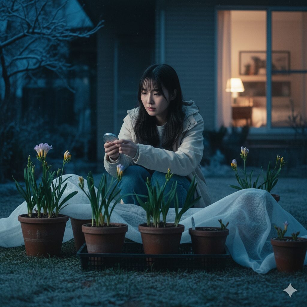 寒い冬の庭で、フリージアの鉢に不織布をかける若い日本人女性。寒さに耐えるフリージアの鉢植えが見える。