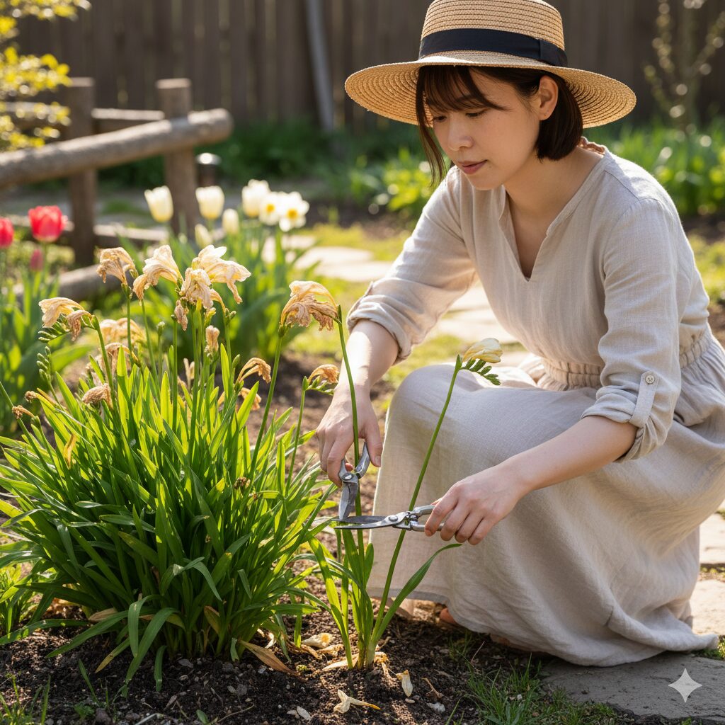 咲き終わったフリージアの花茎をハサミで剪定している若い日本人女性。横には緑の葉が茂るフリージアの株がある