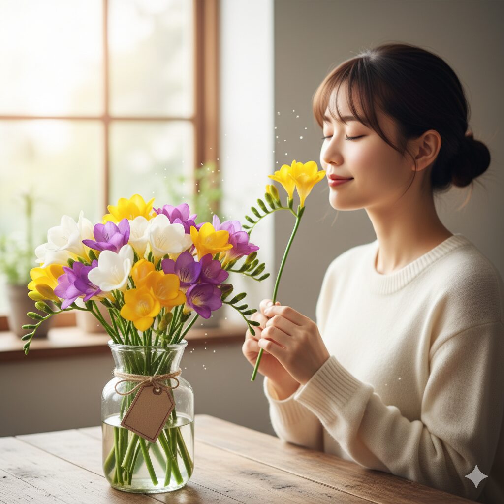窓からの光が差し込む部屋で、テーブルに飾られた色とりどりのフリージアのブーケを眺め、一輪の花の香りを優雅に楽しむ若い日本人女性