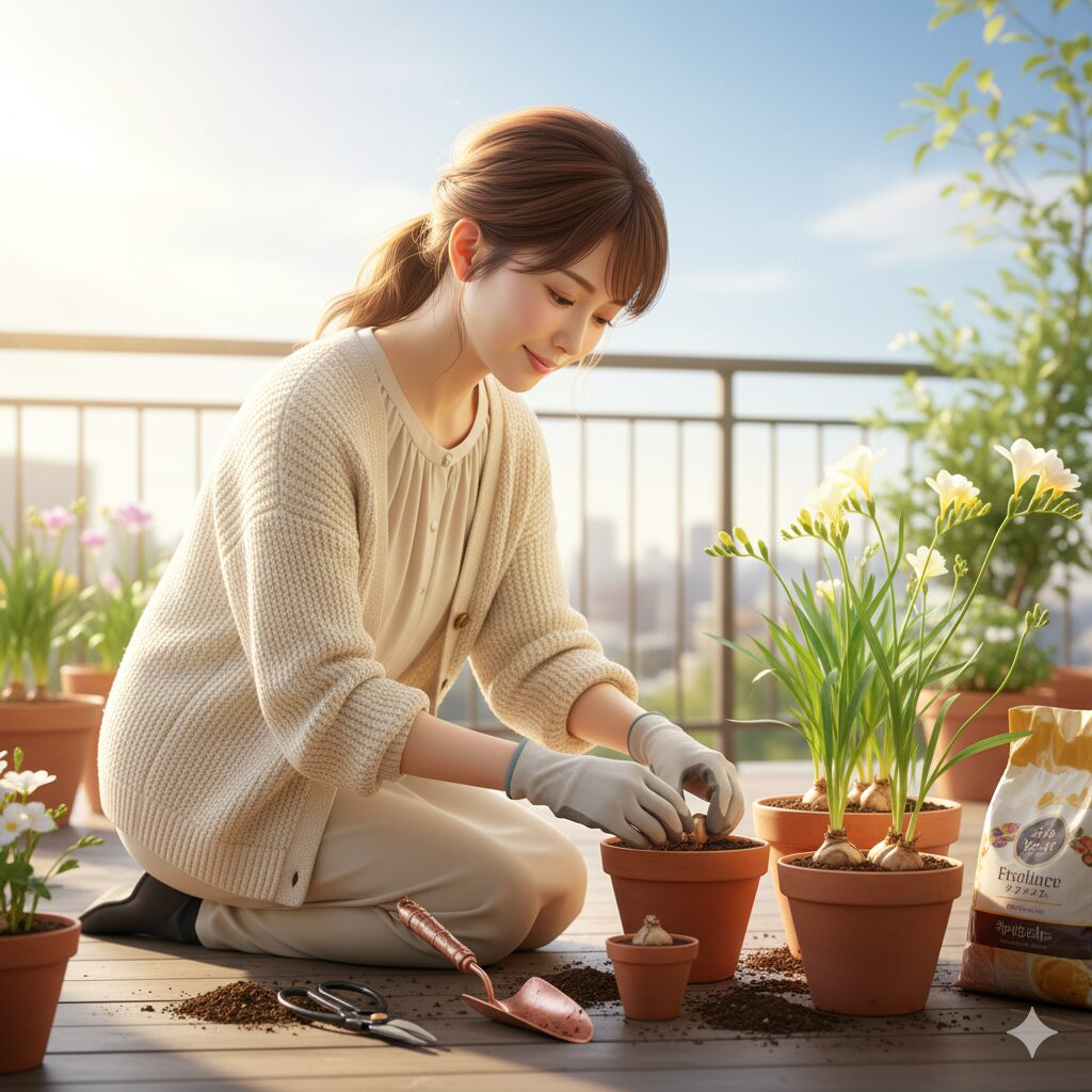 晴れた日のバルコニーで、フリージアの球根を慎重に植え付けている若い日本人女性。横には育ったフリージアの鉢や園芸用品が置かれている