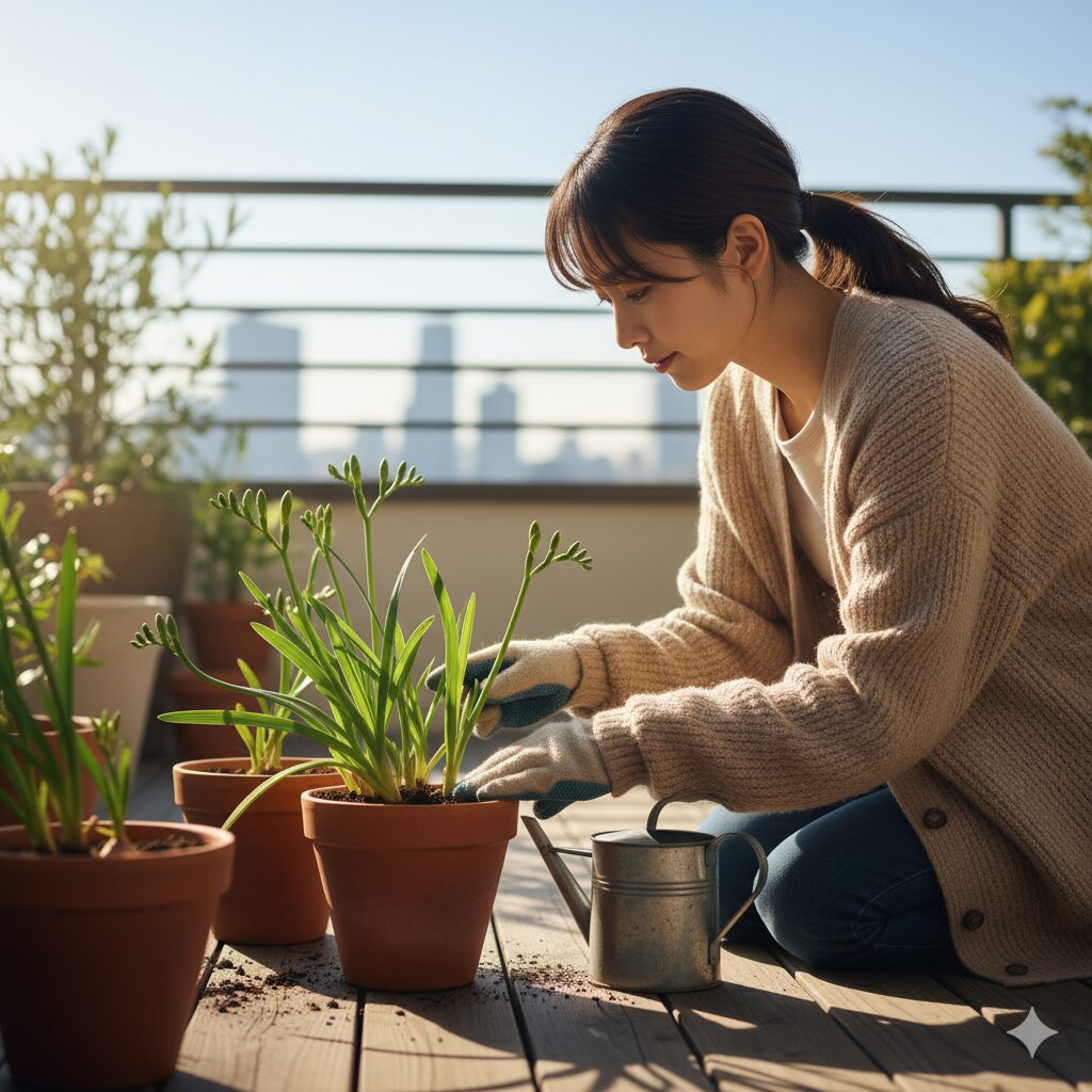 日当たりの良いバルコニーで、フリージアの鉢植えに増し土を行い、茎の倒伏を防ぐための手入れをしている若い日本人女性。