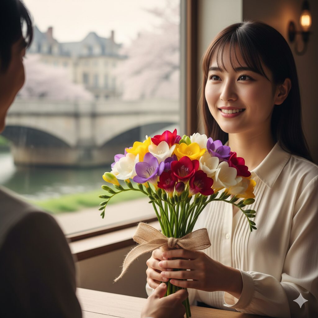 窓辺のカフェで、色とりどりのフリージアのブーケを贈られて笑顔を見せる若い日本人女性。