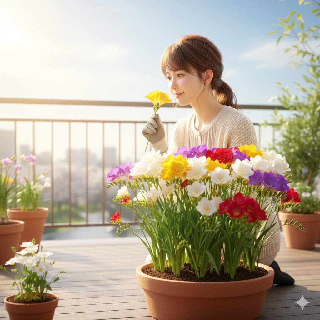 晴れた日のバルコニーで、見事に咲き誇る色とりどりのフリージアの鉢植えに囲まれ、一輪の花の香りを優雅に楽しむ若い日本人女性。