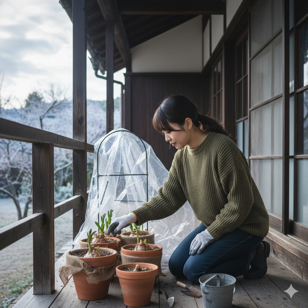 軒下のバルコニーで、フリージアの鉢植えの土の表面を確認している若い日本人女性。冬の寒さから植物を守りつつ、乾燥気味に管理している様子。