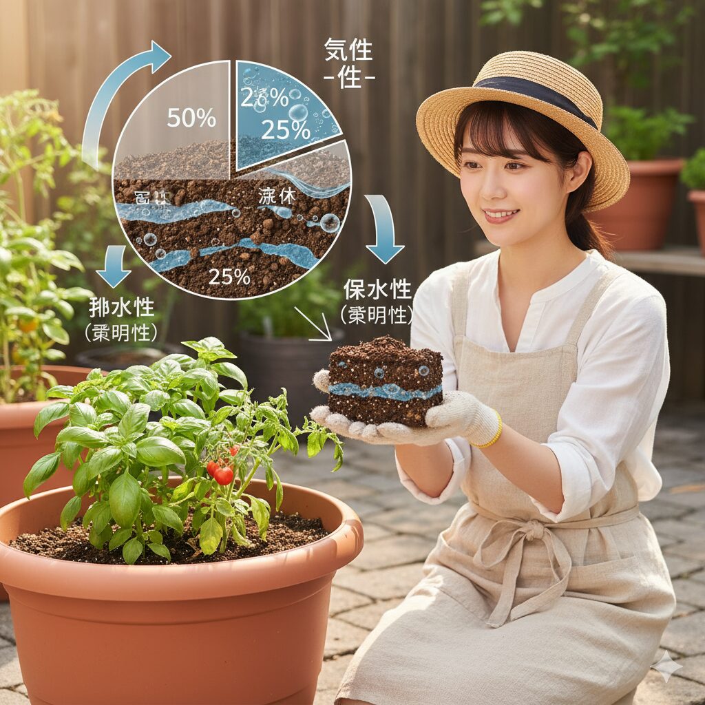プランター栽培で理想的な土の三相分布（固体・液体・気体）の比率を示す図解。排水性と保水性のバランスが重要であることを強調。
