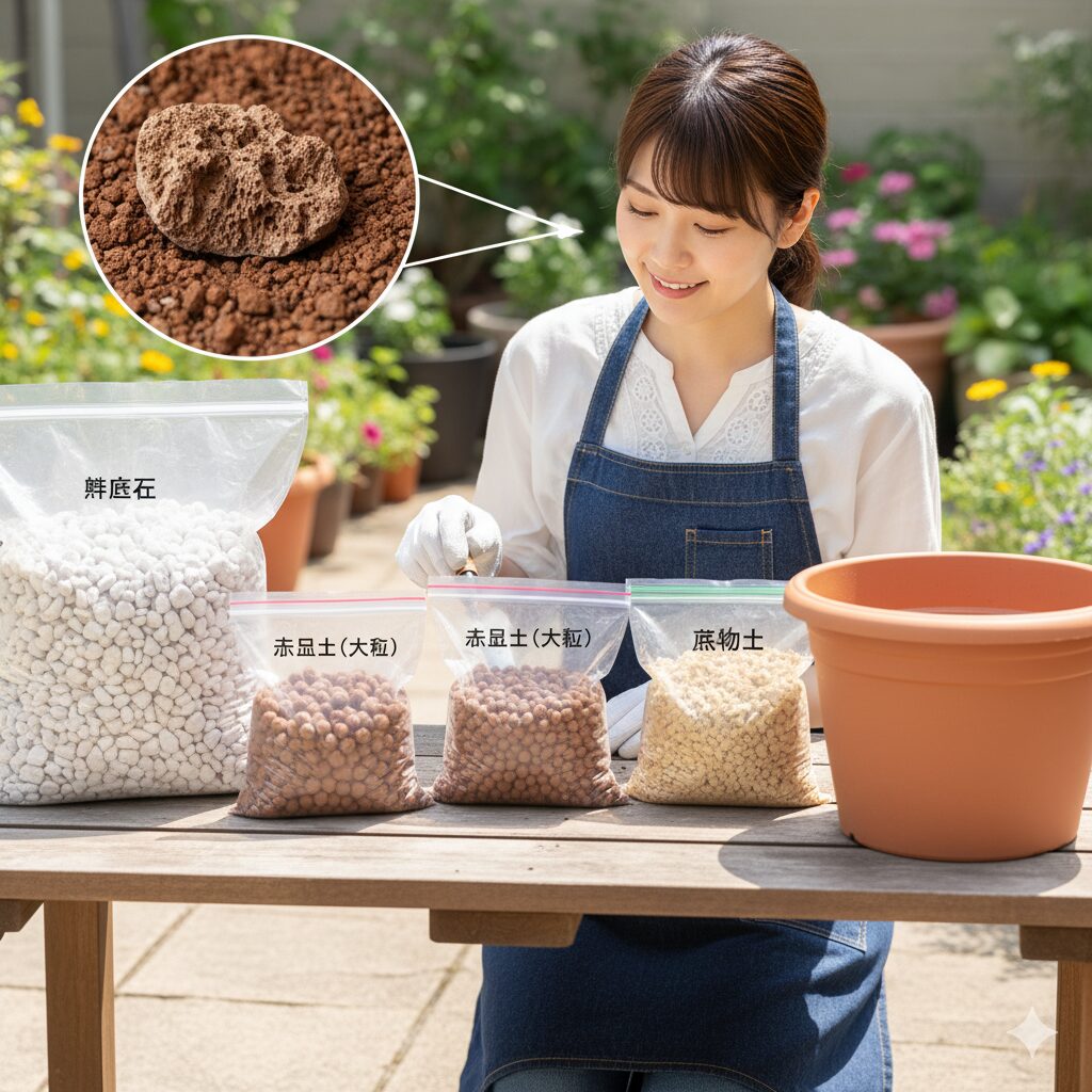 鉢底石、赤玉土（大粒・小粒）、鹿沼土など、プランター土作りの基本用土が並べられた画像。赤玉土の粒の構造をクローズアップ。
