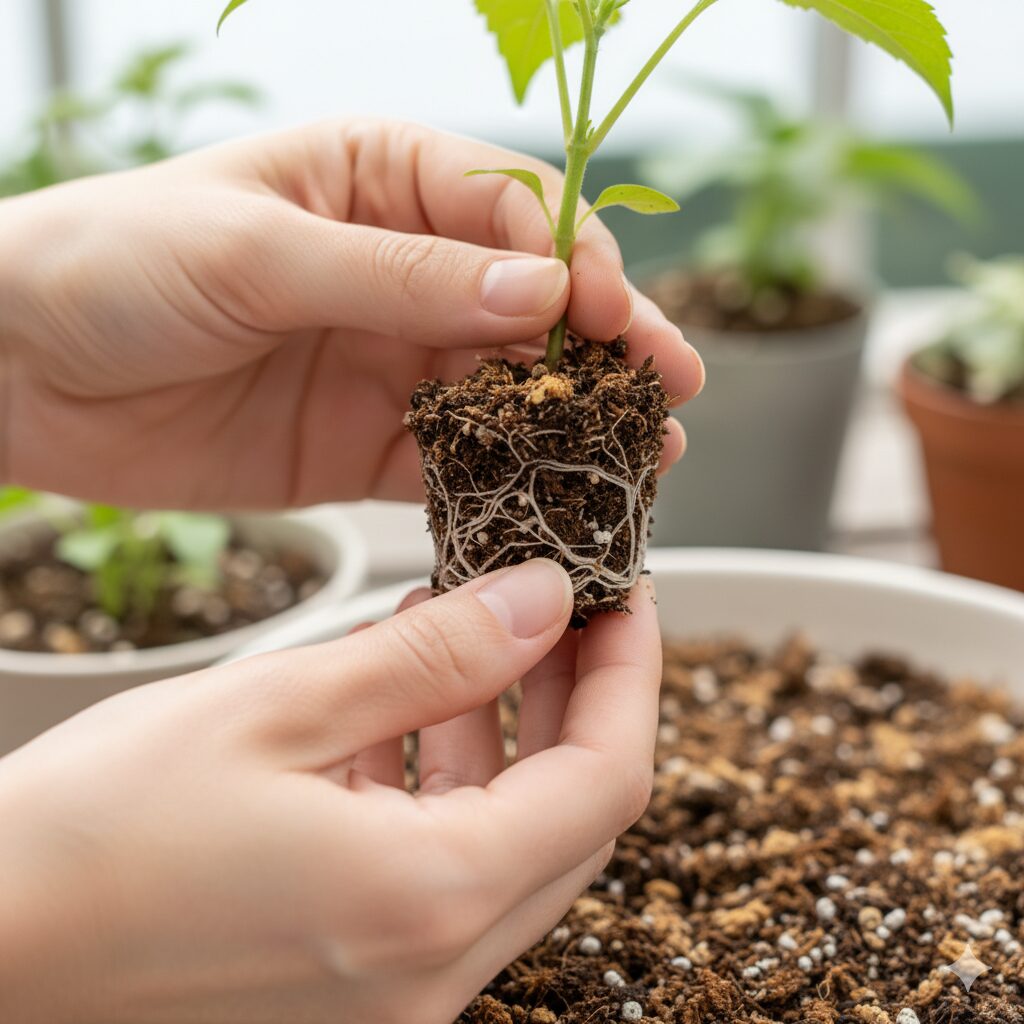 ピートモスやバーミキュライトを混ぜた挿し木用の低肥料土と、そこから発根し始めた小さな苗のクローズアップ画像。