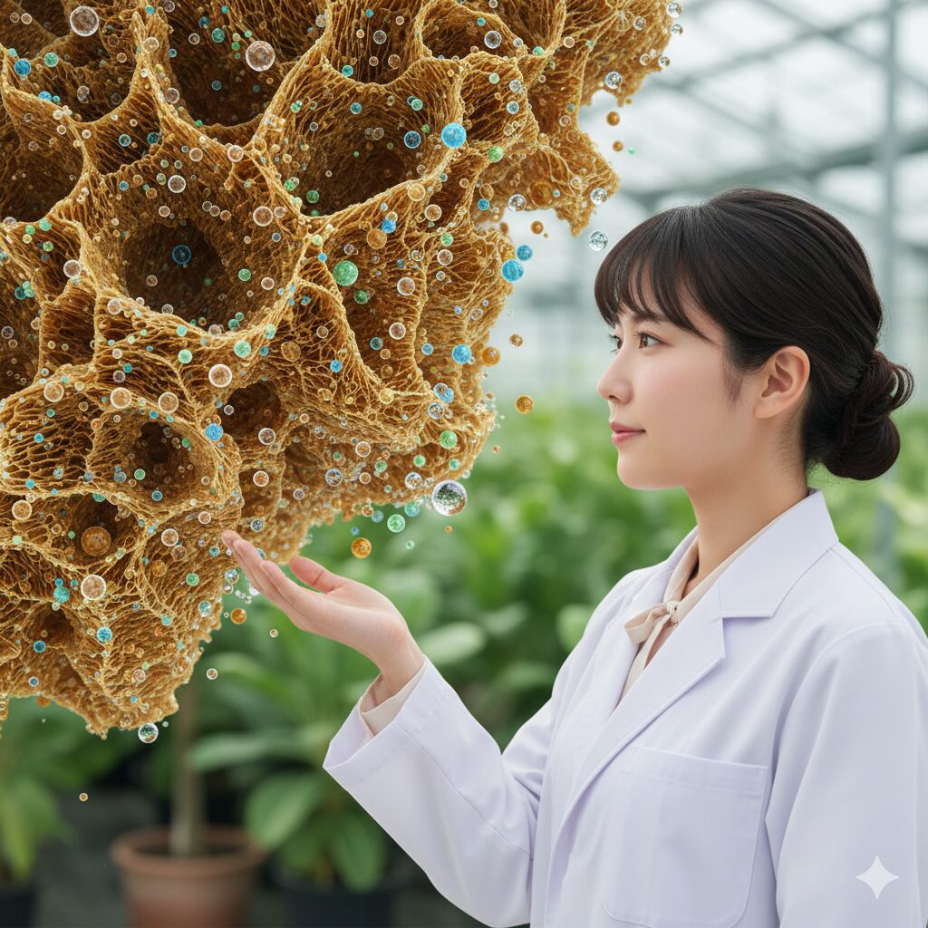 拡大されたバーミキュライトの多孔質な構造と、それが水分や栄養素を保持するイメージ図。