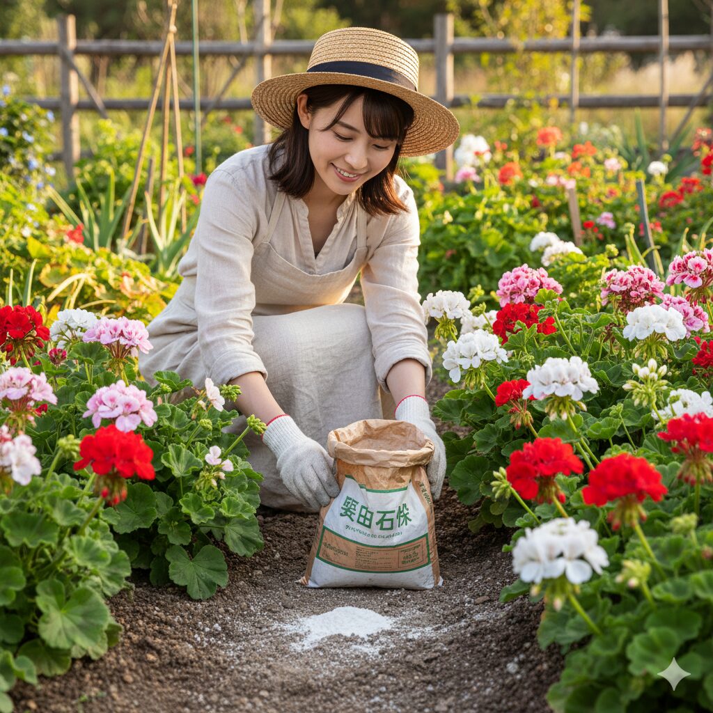 苦土石灰と、それを使ってpH調整された弱アルカリ性土壌で元気に咲くゼラニウムの画像。
