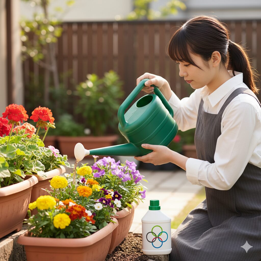 液体肥料（液肥）をジョウロで花壇のプランターに与えている様子。NPKバランス型肥料のパッケージが添えられている。