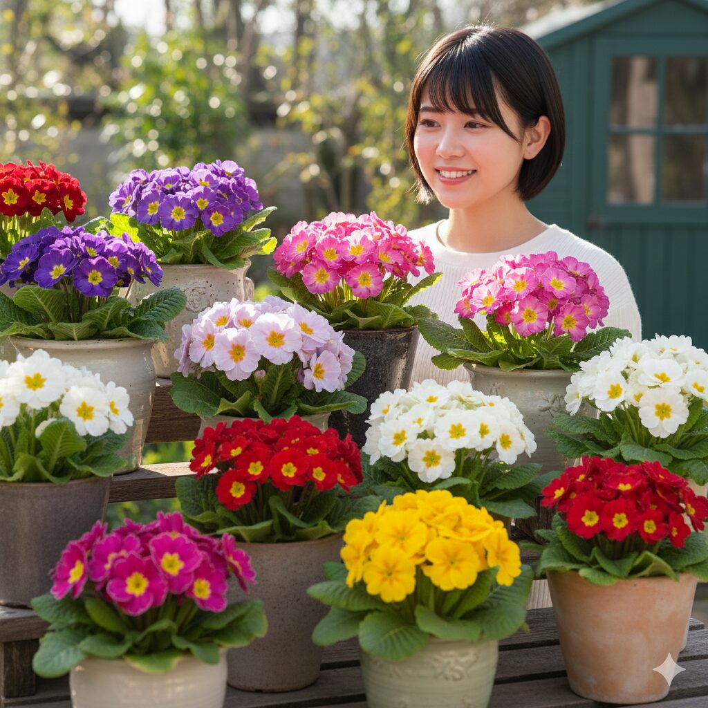 プリムラ オブ コニカ　　カラフルなプリムラ オブ コニカの鉢植えが並べられ、冬の室内を明るく彩る様子