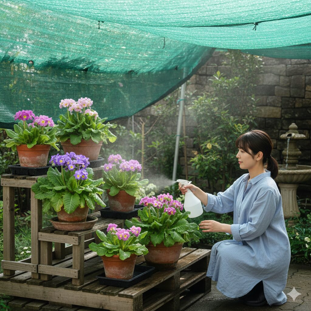 プリムラ オブ コニカ　フラワースタンドと日よけネットで夏越し対策が施されたプリムラ オブ コニカの鉢植え