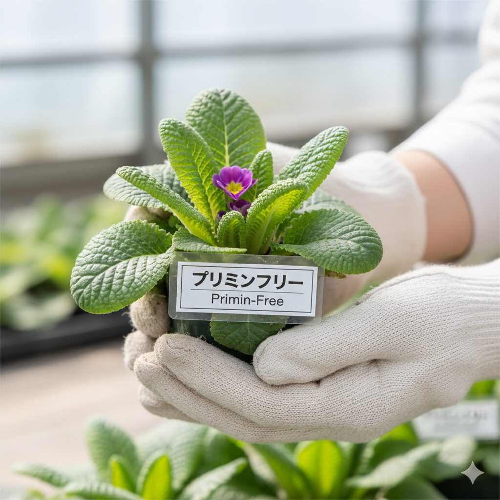 プリムラ オブ コニカ　「プリミンフリー」と書かれたラベル付きのプリムラ オブ コニカの苗と、ガーデニング用手袋をはめた手のクローズアップ