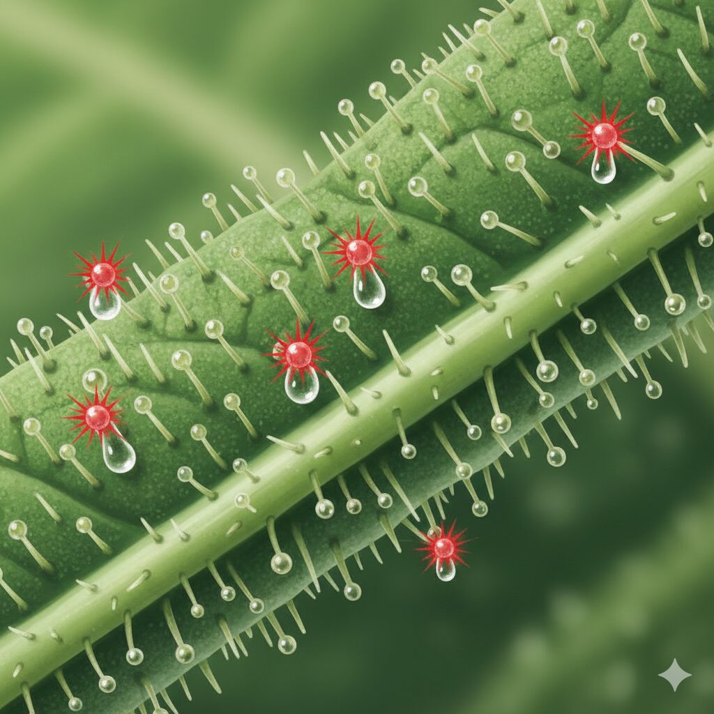 プリムラ オブ コニカの葉の裏側にある腺毛と分泌物の顕微鏡写真風イラストレーション