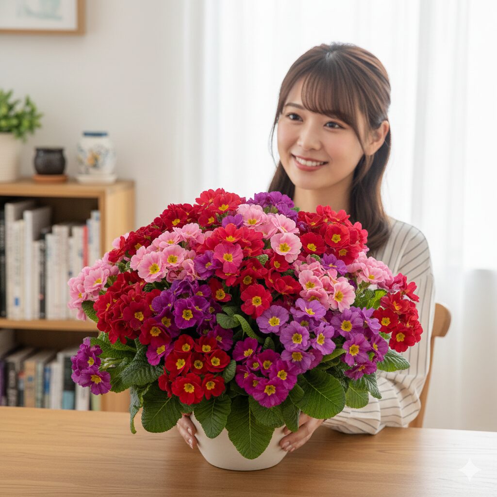 プリムラ オブ コニカ　室内で満開に咲き誇る、赤やピンク、紫のプリムラ オブ コニカ「タッチミー」シリーズの鉢植え