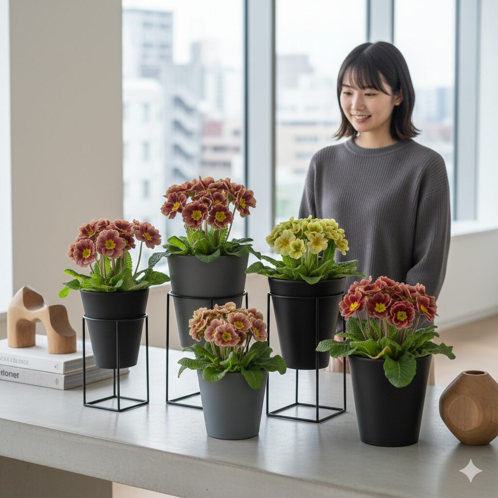 プリムラ オブ コニカ　モダンな空間に飾られた、アンティークカラーのプリムラ オブ コニカ「プリカント」シリーズとシックな鉢カバー