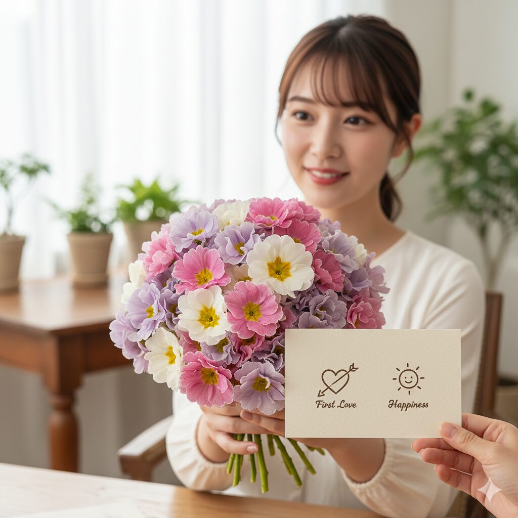 プリムラ オブ コニカ　「初恋」と「幸福」の花言葉が書かれたメッセージカードが添えられたプリムラ オブ コニカの可憐な花束