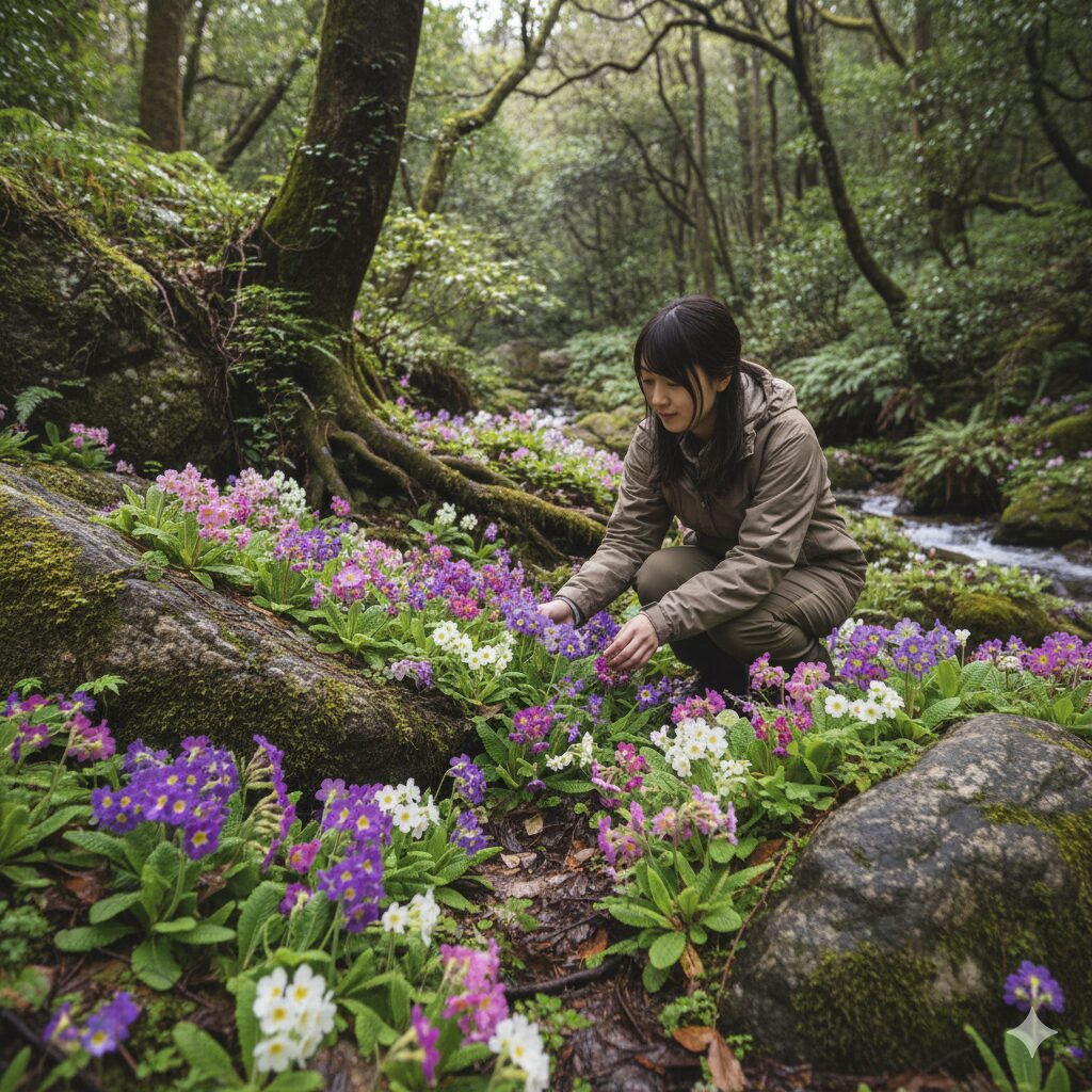 プリムラ オブ コニカ　自生し、力強く花を咲かせる野生のプリムラ オブ コニカの群生