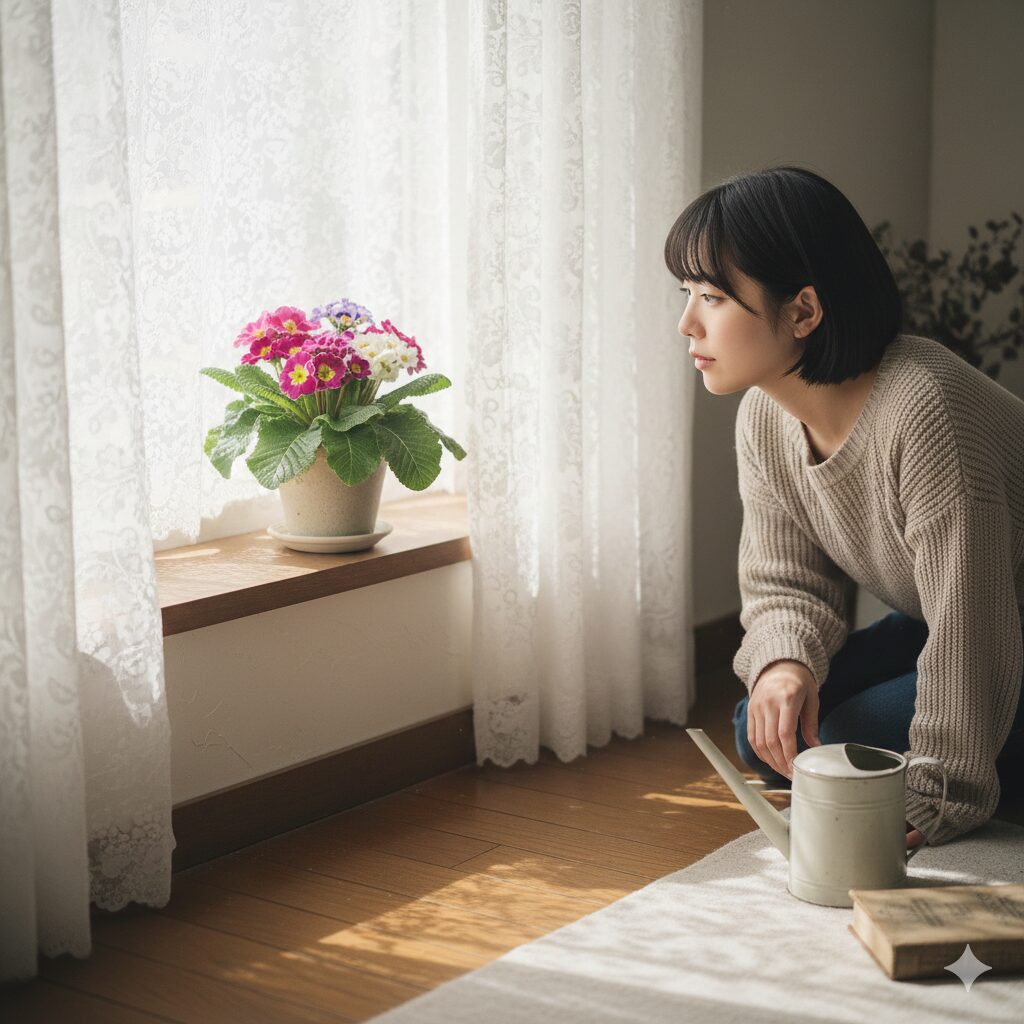 プリムラ オブ コニカ　レースカーテン越しの窓辺に置かれ、柔らかな光を受けるプリムラ オブ コニカの鉢植え