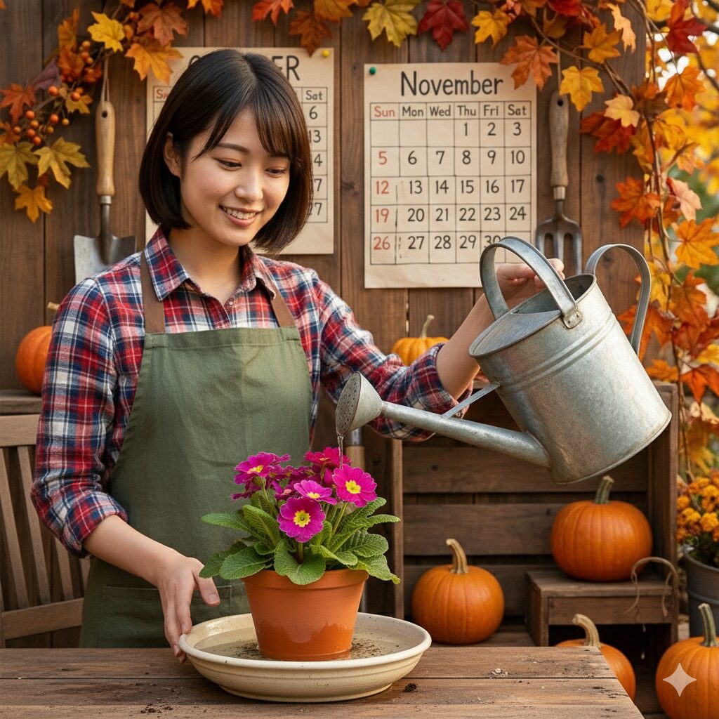 プリムラ オブ コニカ　鉢を水に浸して底面給水で水やりをするプリムラ オブ コニカの鉢植えと、ジョウロで株元に注ぐ様子