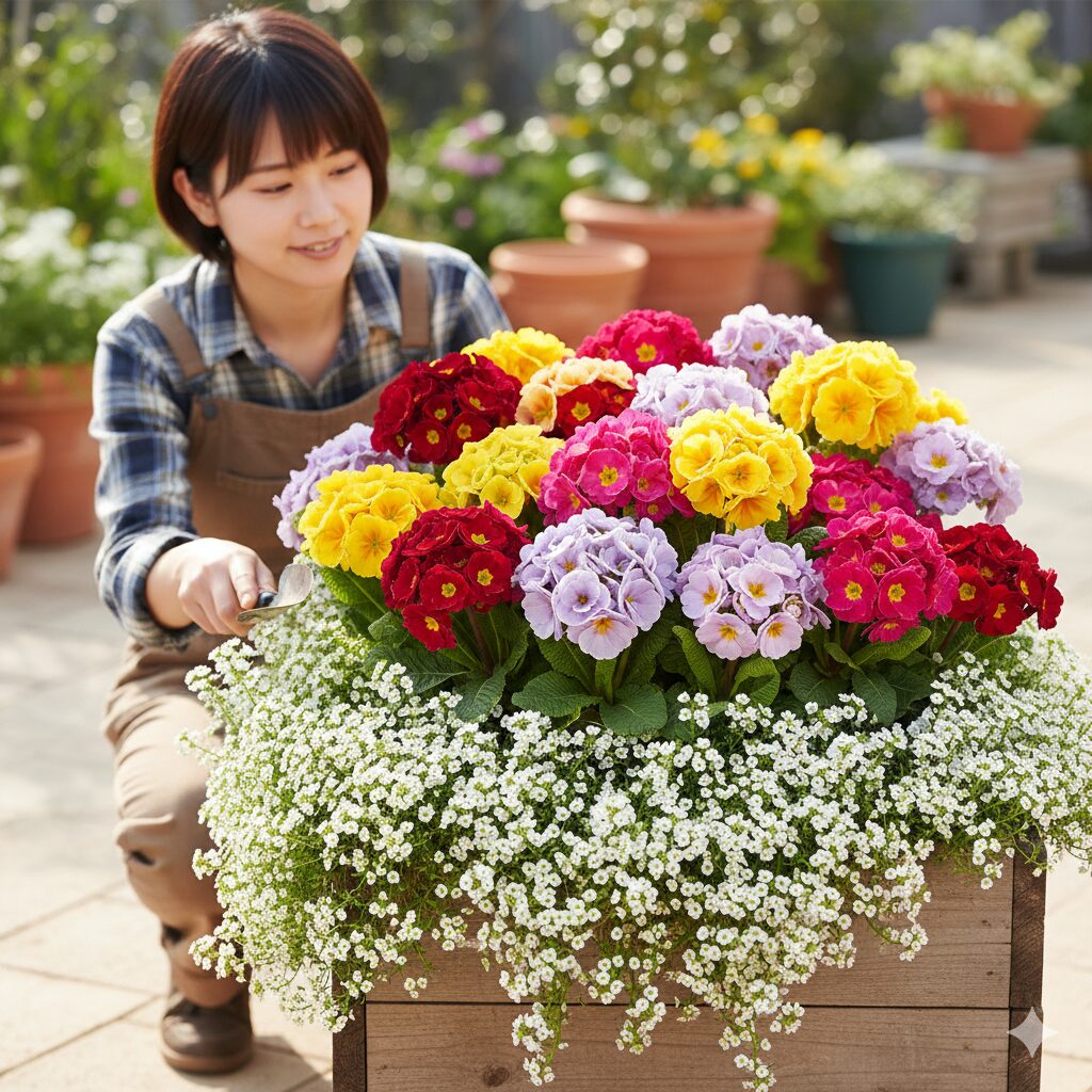 プリムラ ジュリアン バラ咲き 育て方 プリムラ ジュリアン バラ咲きと、白いアリッサムが美しく寄せ植えされたカラフルな鉢植え。