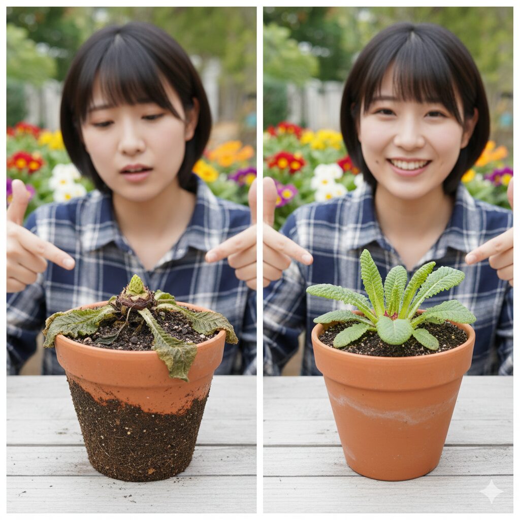 プリムラ ジュリアン バラ咲き 育て方 深植えされクラウンが腐敗しているプリムラ ジュリアンと、適切に浅植えされた健全なプリムラ ジュリアンの比較画像。