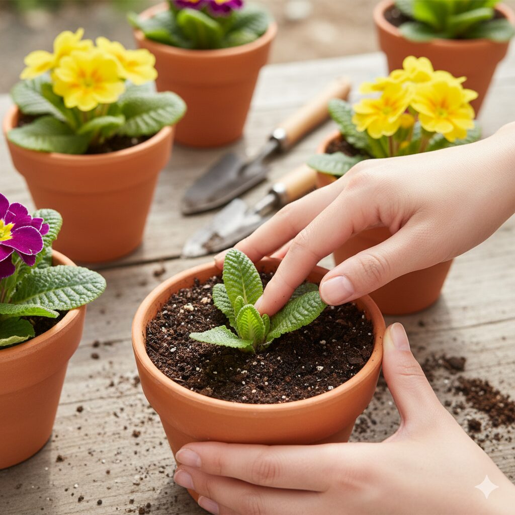 プリムラ ジュリアン バラ咲き 育て方 プリムラ ジュリアンを浅く植え付け、クラウンが土の表面に出ている状態を上から撮影した写真。