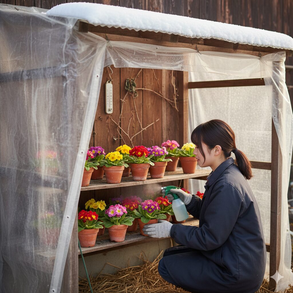 プリムラ ジュリアン バラ咲き 育て方 軒下に並べられ、冬の寒さから保護されているプリムラ ジュリアンの鉢植え。
