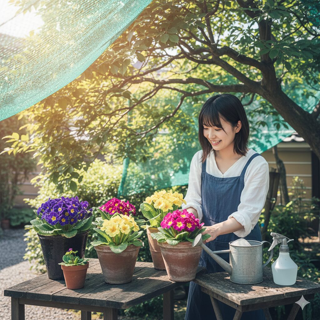 プリムラ ジュリアン バラ咲き 育て方 夏の直射日光を避けるため、木陰に置かれたプリムラ ジュリアンの鉢植え。