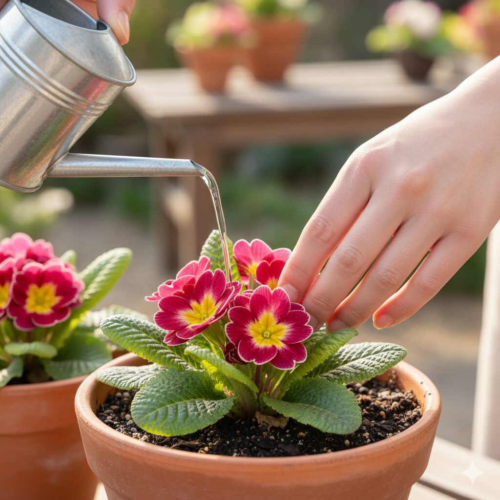 プリムラ ジュリアン バラ咲き 育て方 じょうろでプリムラ ジュリアンの株元に水をやっている手のクローズアップ。