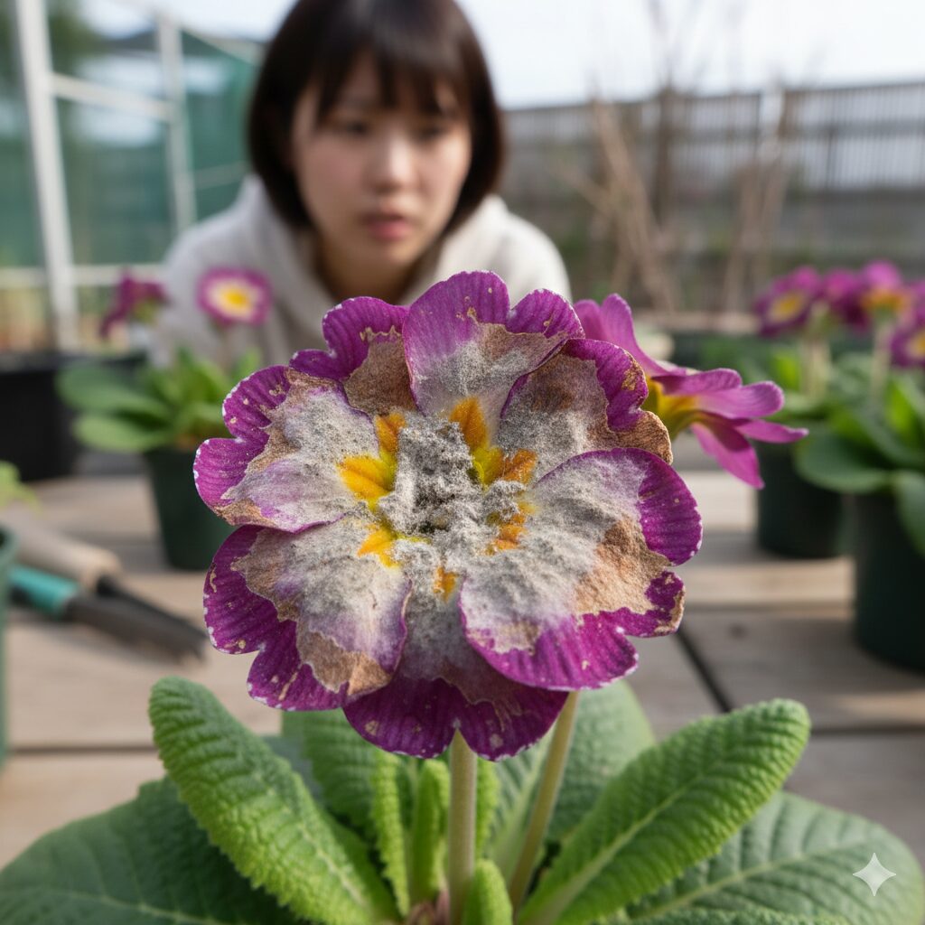 プリムラ ジュリアン バラ咲き 育て方 灰色かび病にかかり、一部が腐敗して灰色になったプリムラ ジュリアンの花がらのクローズアップ。