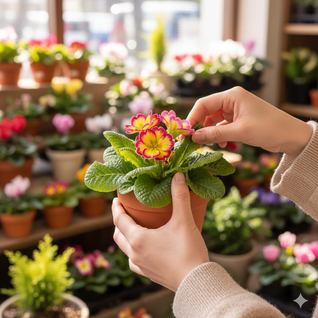 プリムラ ジュリアン バラ咲き 育て方 花屋でプリムラ ジュリアンのポット苗のクラウンと葉の状態を確認している人の手。