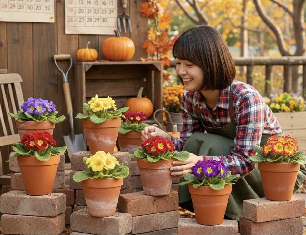 プリムラ ジュリアン バラ咲き 育て方 レンガの上に置かれ、株間を空けて配置されたプリムラ ジュリアンの鉢植え。高床管理と通風対策が施されている。