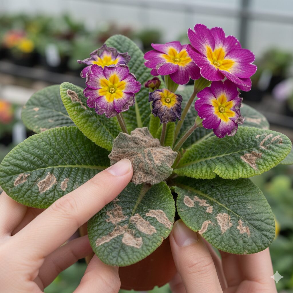 プリムラ 育て 方 鉢植え　プリムラの花や葉に発生した灰色かび病（ボトリチス病）の初期症状
