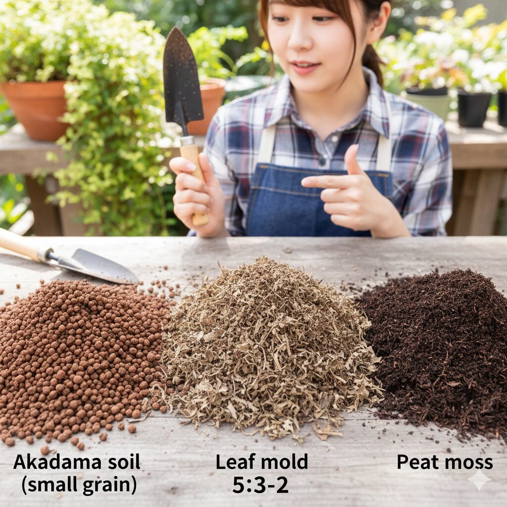 プリムラ 育て 方 鉢植え　プリムラ鉢植え用の土の黄金配合比率（赤玉土・腐葉土・ピートモス）