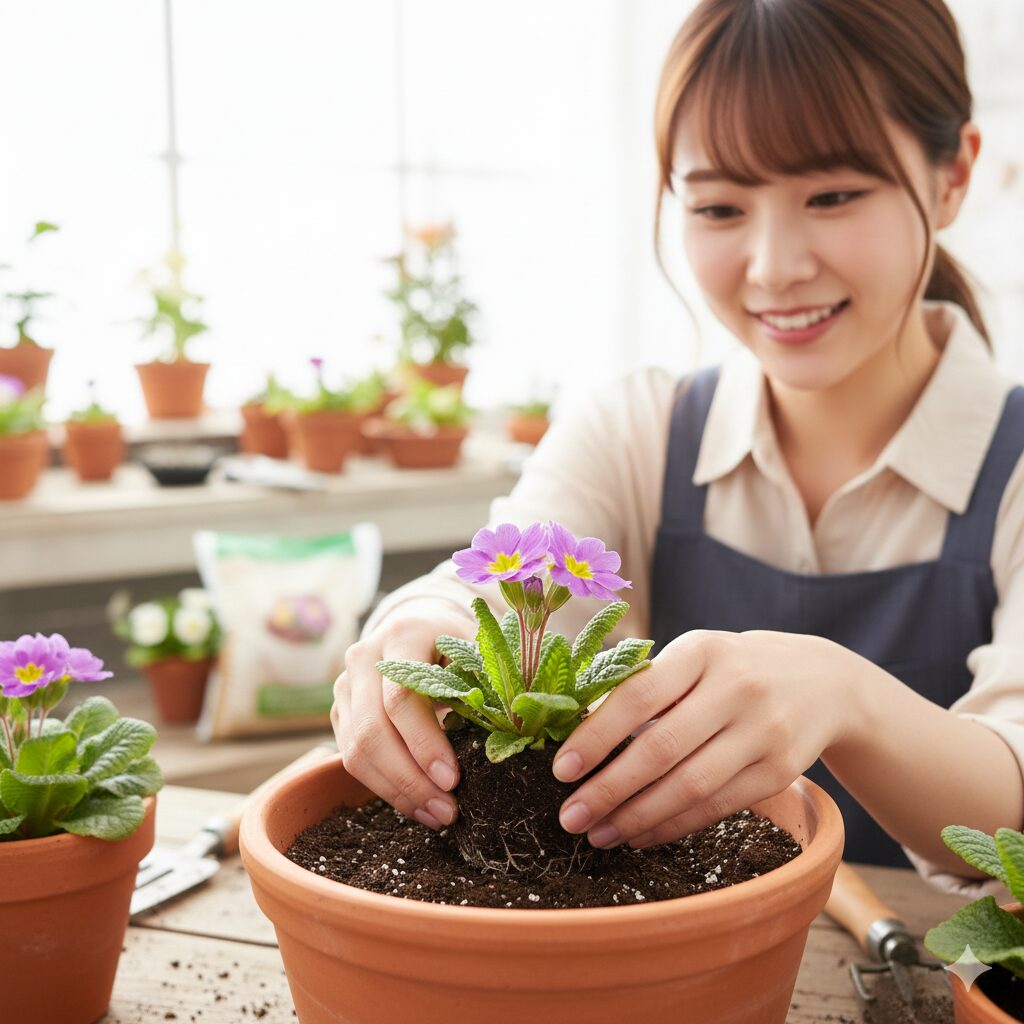 プリムラ 育て 方 鉢植え　プリムラの根腐れを防ぐ正しい浅植えと間違った深植えの比較図解