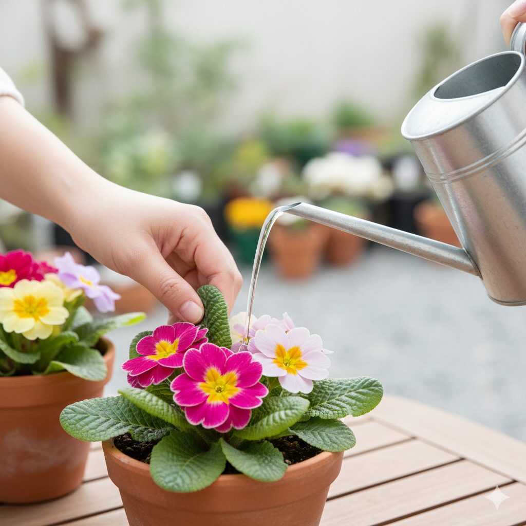 プリムラ 育て 方 鉢植え　病気を防ぐために葉を持ち上げて株元に注ぐプリムラの水やり方法