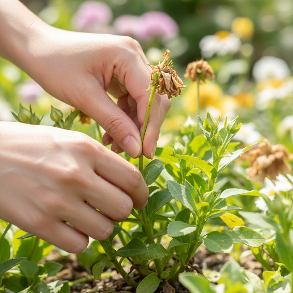 プリムラ 育て 方 鉢植え　花茎の根元から摘み取るプリムラの正しい花がら摘みの手順