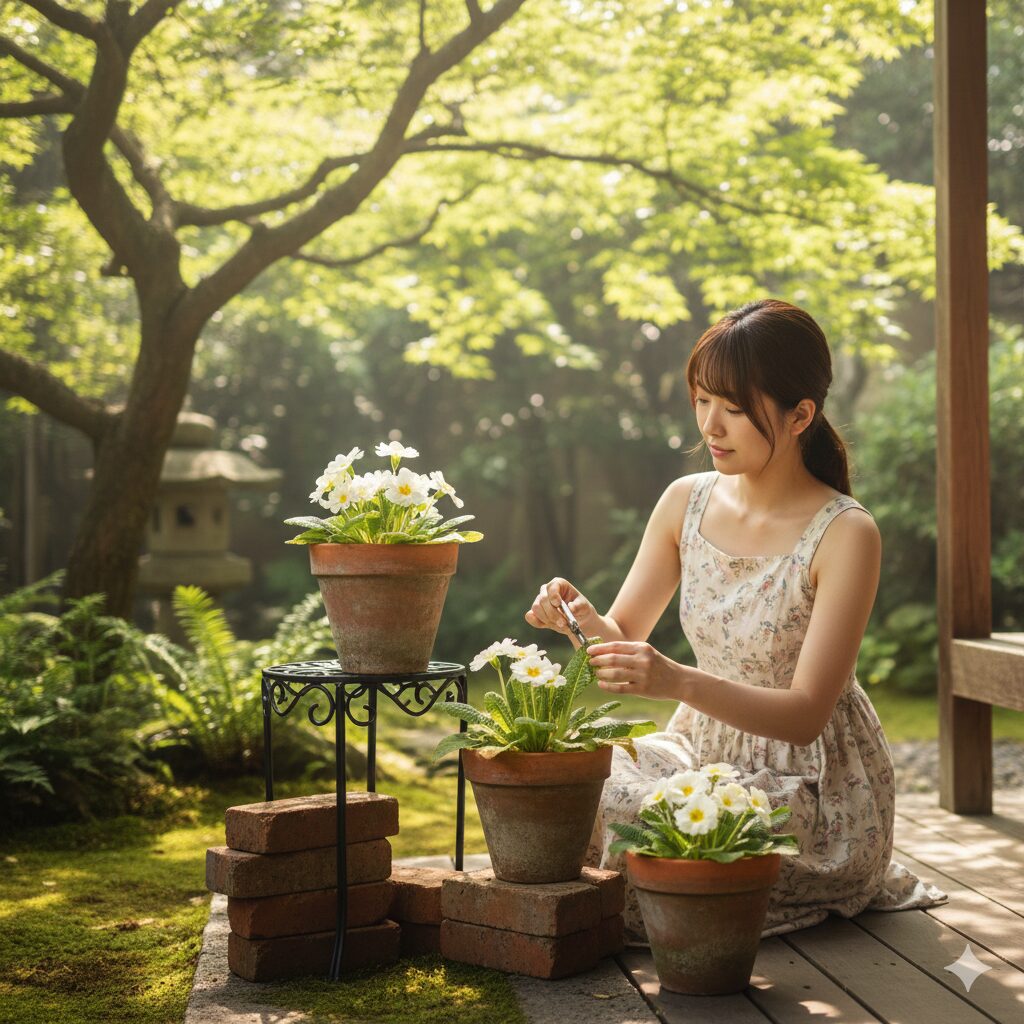 プリムラ 育て 方 鉢植え　風通しの良い日陰で地面から離して管理するプリムラの夏越し対策