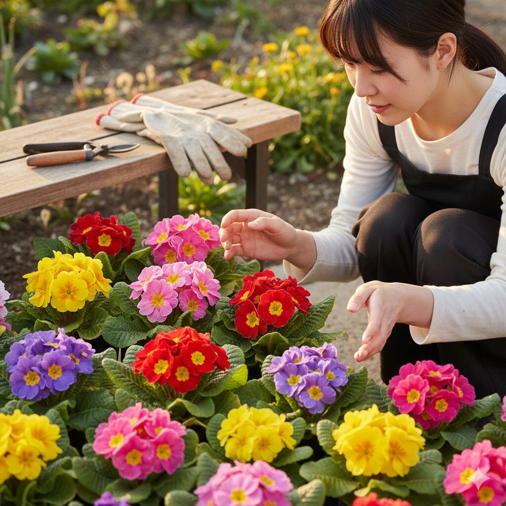 プリムラ 花が終わったら　満開のプリムラの鉢植えと園芸用品が並ぶ庭の情景