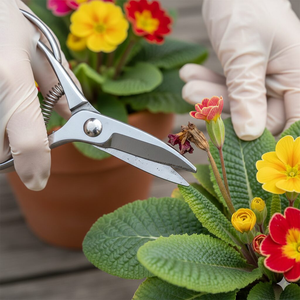 プリムラ 花が終わったら　プリムラの花がらをハサミで摘み取る様子