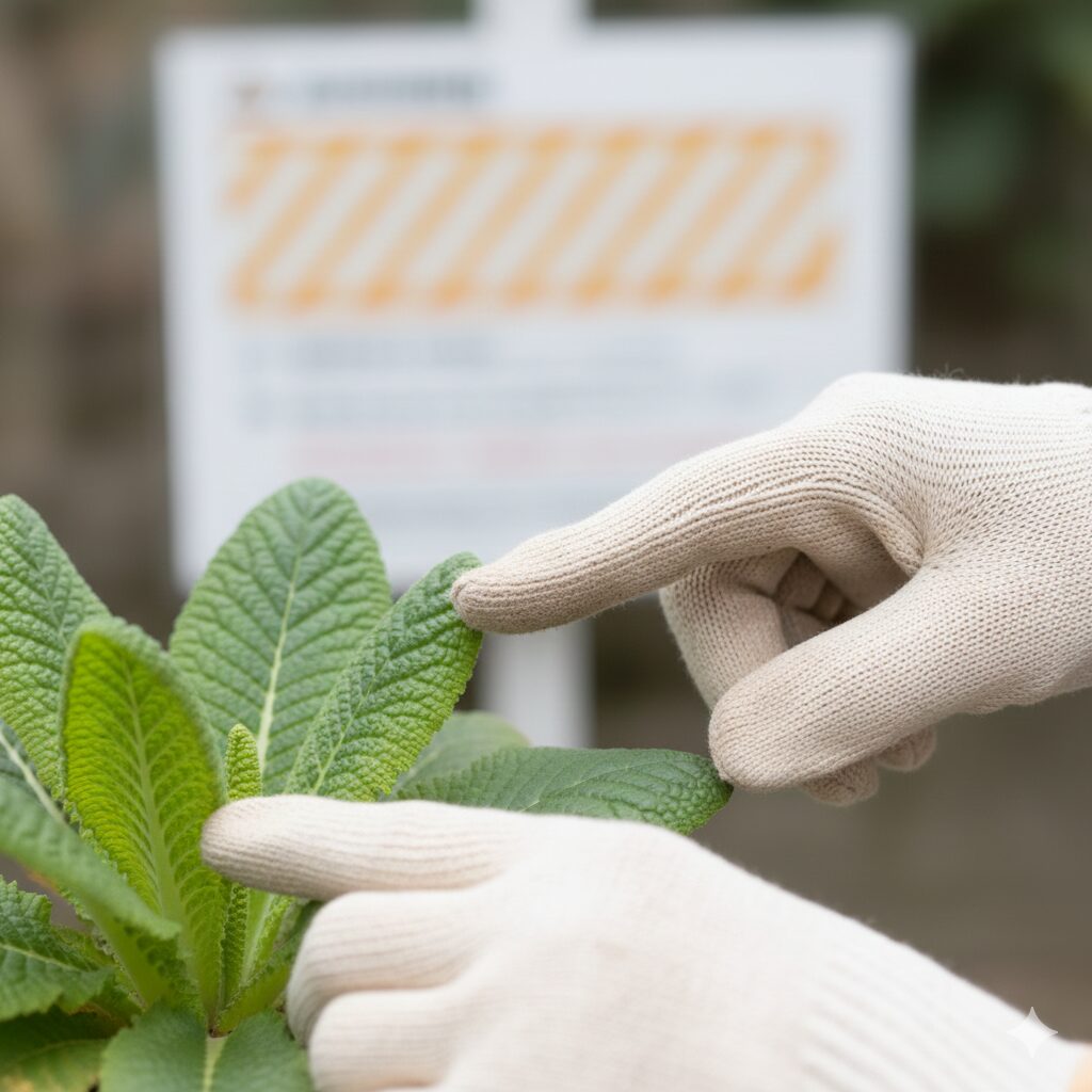 プリムラ 花が終わったら　プリムラの葉に触れる際に手袋を着用している様子