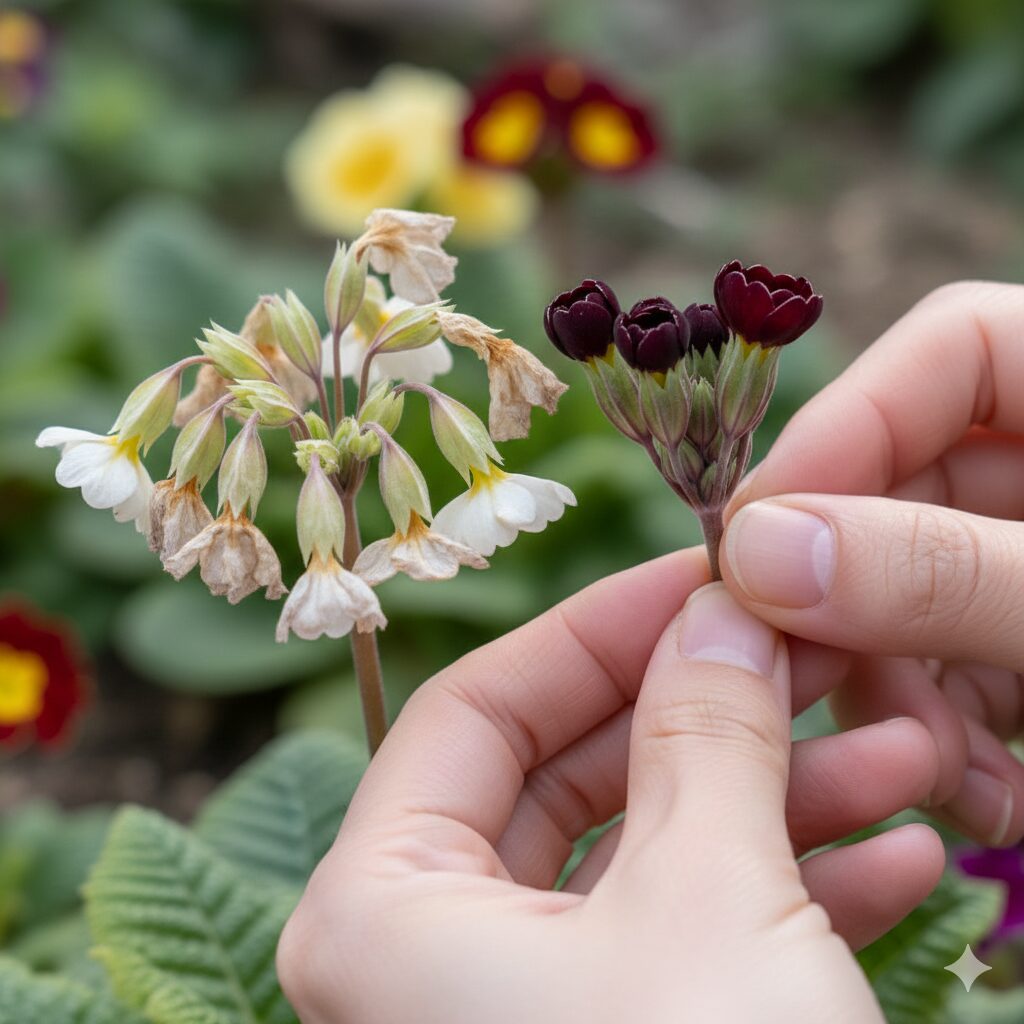 プリムラ 花が終わったら　プリムラ・ジュリアンのしおれた花と開花前の蕾の比較