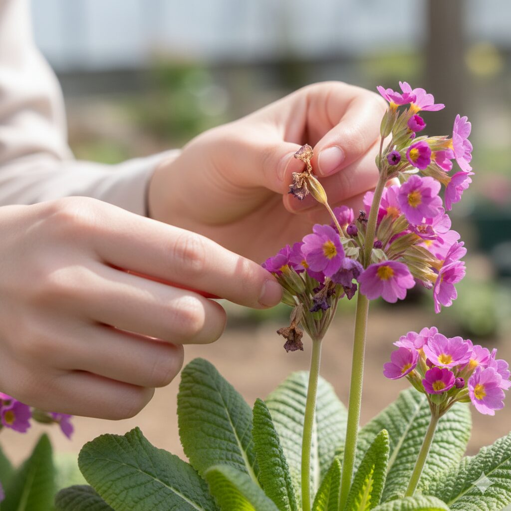 プリムラ 花が終わったら　プリムラ・マラコイデスの房咲きの花から終わった部分を摘む手