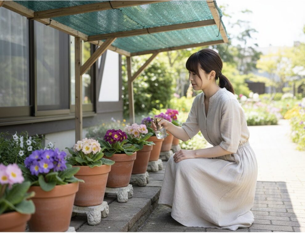 プリムラ 花が終わったら　軒下に遮光ネットで保護されたプリムラの鉢植え