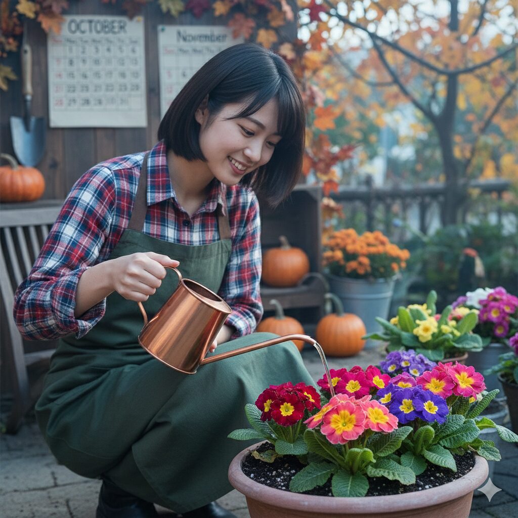プリムラ 花が終わったら　プリムラの株元に水差しで水やりをする様子